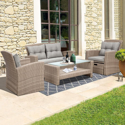 SEGMART 6 Piece Outdoor Patio Furniture Sets, All-Weather Rattan Conversation Set with Ottoman & Cushions, Outdoor Sectional Wicker Set for Backyard, Deck, Poolside, Gray