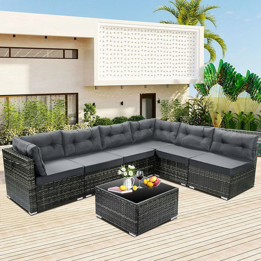 7 Piece Rattan Sectional Sofa Set, Outdoor Conversation Set, All-Weather Wicker Sectional Seating Group with Cushions & Coffee Table, Morden Furniture Couch Set for Patio Deck Garden Pool