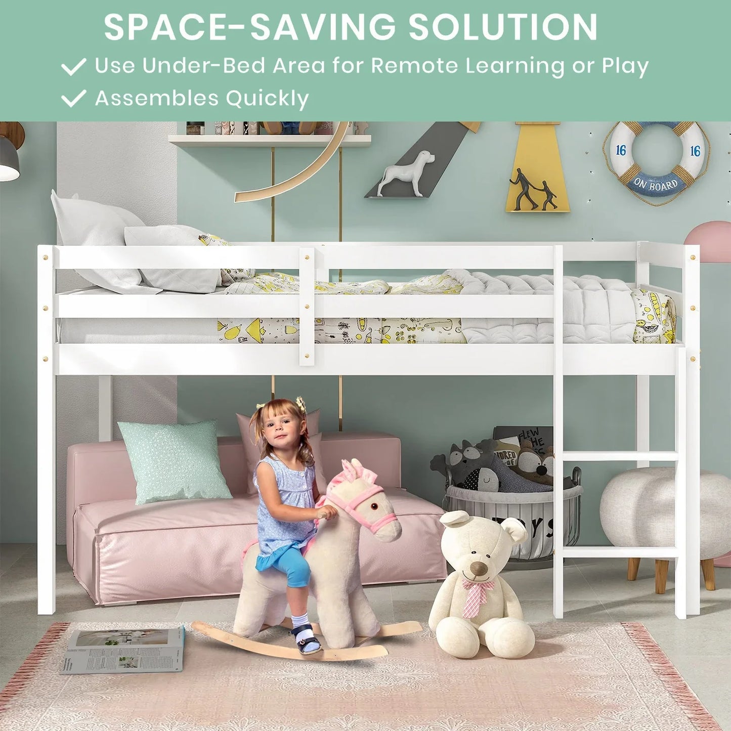 SESSLIFE Solid Wood Twin-Size Low Loft Bed with Ladder, White