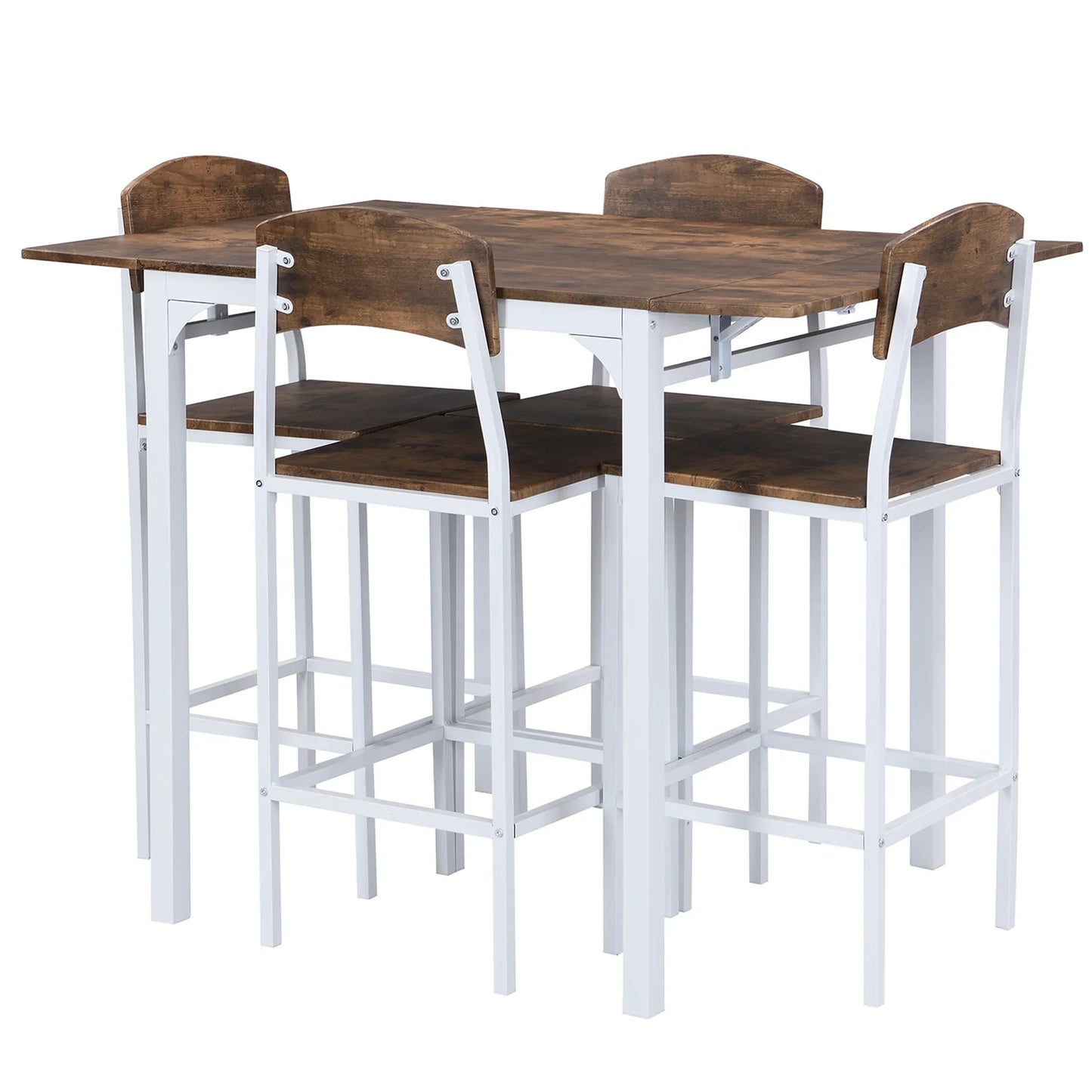 Sesslife 5 Piece Wooden Counter Height Dining Set, Drop Leaf Table with 4 Dining Chairs for Small Space, White+Brown