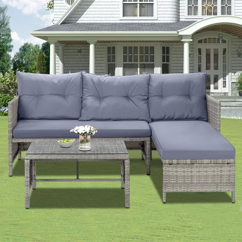 3 Piece Patio Furniture Set, All-Weather Outdoor Sectional Sofa Set, PE Rattan Conversation Set with Table & Cushions, Wicker Furniture Couch Set for Patio Deck Garden Poolside Yard