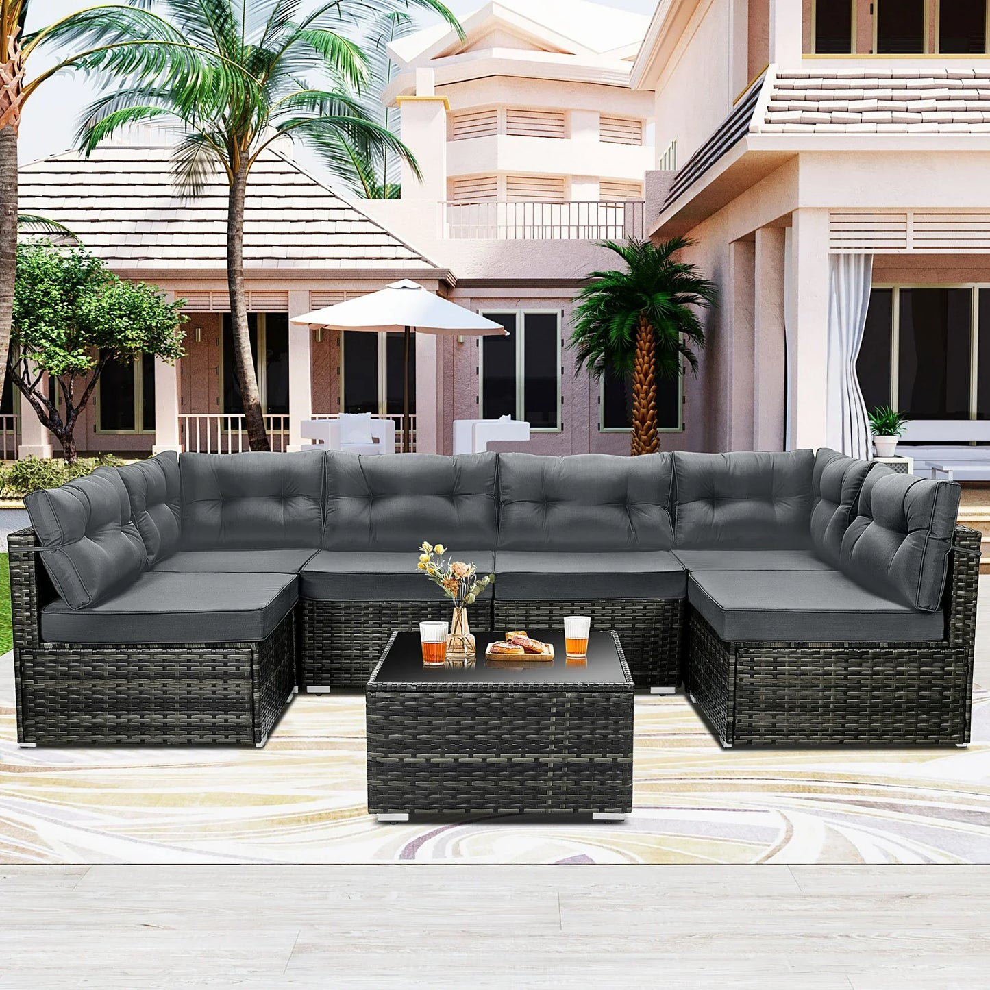 7 Piece Rattan Sectional Sofa Set, Outdoor Conversation Set, All-Weather Wicker Sectional Seating Group with Cushions & Coffee Table, Morden Furniture Couch Set for Patio Deck Garden Pool