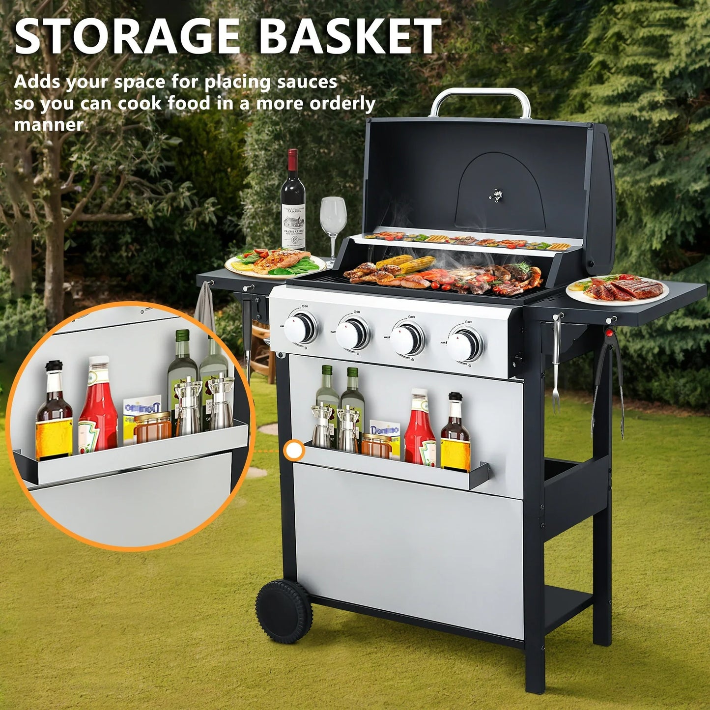 SEGMART 4 Burner BBQ Propane Gas Grill, Stainless Steel 34,200 BTU Patio Garden Barbecue Grill with Folding Side Tables, Hanging Basket & Thermometer, Perfect for Camping, Outdoor Cooking