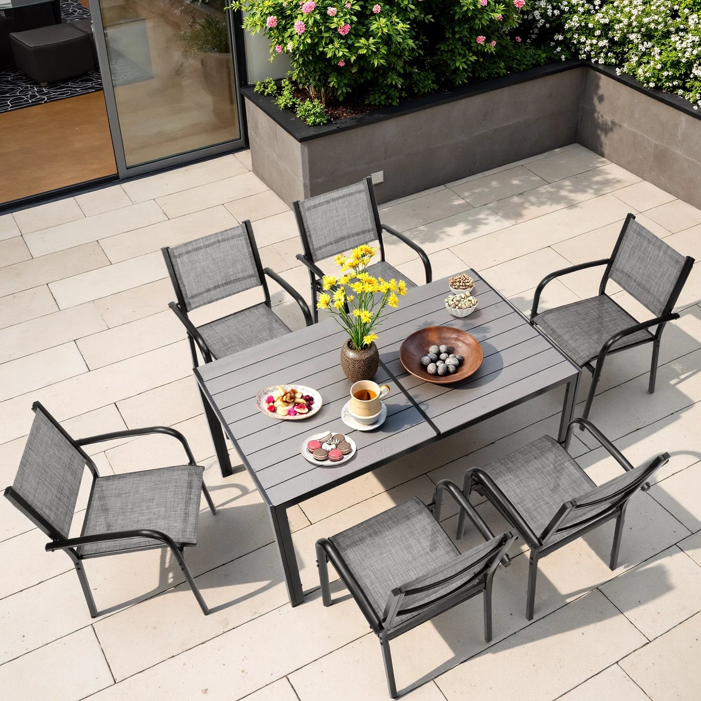 7 Piece Outdoor Dining Set, Patio Dining Table Set for 6 Persons, Garden Patio Textilene Dining Furniture Set with Plastic-Wood Tabletop, Dining Table Chairs Conversation Set for Deck Patio