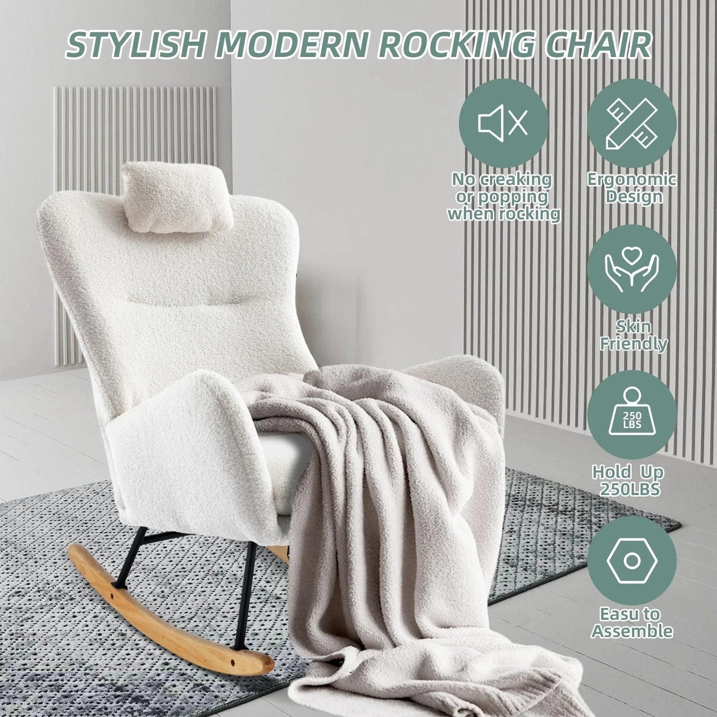 PAPROOS Modern Teddy Fabric Rocking Chair, Accent Rocker Chair with High Backrest for Nursery, Accent Glider Rocker for Living Room Bedroom Playroom,White