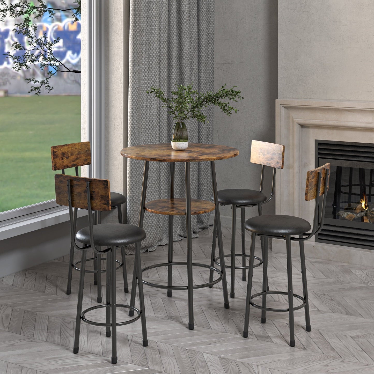 Counter Height Table Set of 3, Breakfast Bar Table and Stool Set, Minimalist Dining Table with Backrest Stools, Wood Top Pub Table & Chair Set for Kitchen Apartment Bistro - Rustic Brown