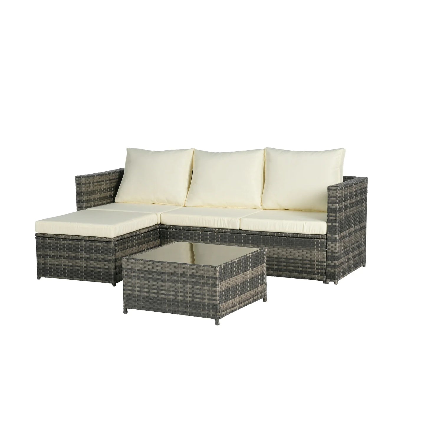 3 Piece Patio Furniture Set, All-Weather Outdoor Sectional Sofa Set, PE Rattan Conversation Set with Table & Cushions, Wicker Furniture Couch Set for Patio Deck Garden Poolside Yard, Beige