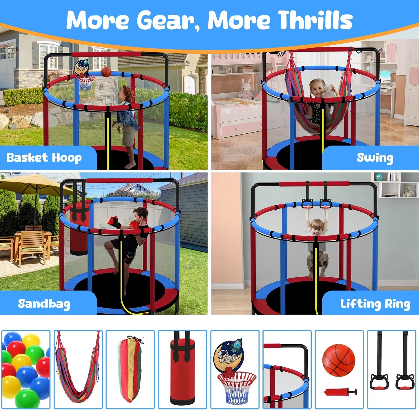 Mini Round Trampoline for Kids with Basketball Hoop, SEGMART 55'' Indoor Outdoor Toddler Trampoline with Enclosure Net, Swing, Sandbag, Ring, Ocean Balls, Small Trampoline Gift for Boys Girls, Blue