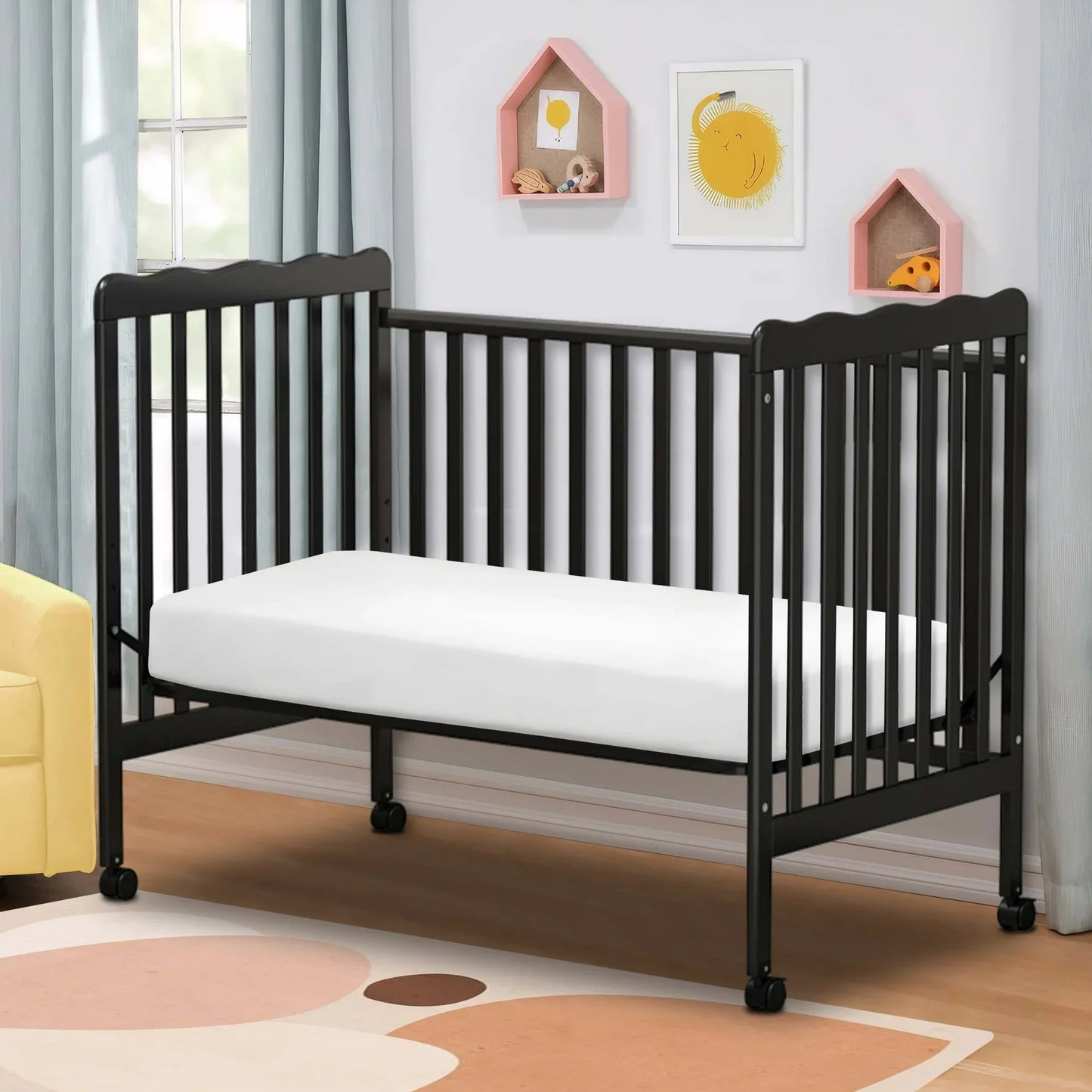 Sesslife 3-In-1 Convertible Crib, Black Baby Bed with Locking Wheels, Converts from Baby Crib to Toddler Bed, Fits Standard Full-Size Crib Mattress(Not Included)