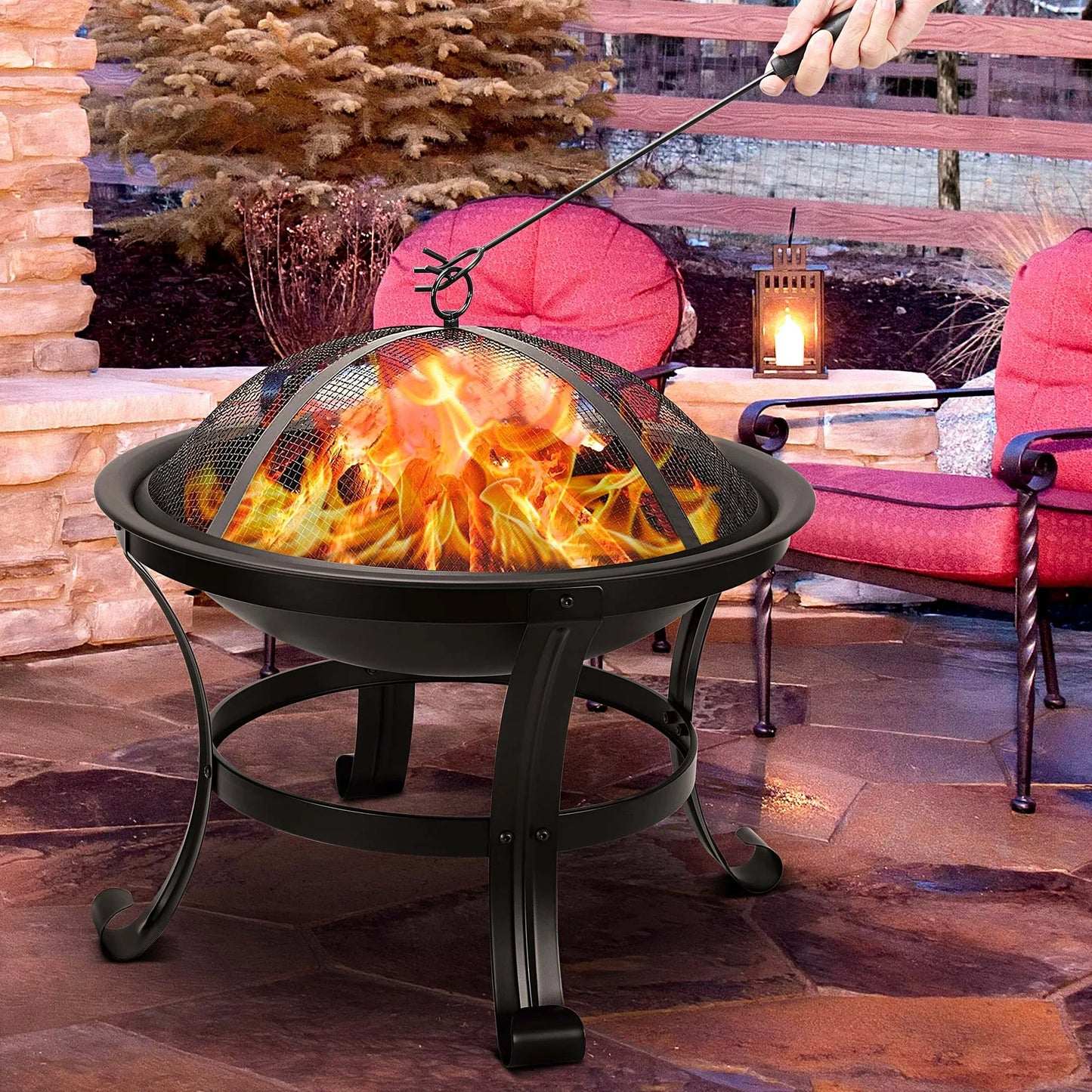 Segmart 22" Round Fire Pit, Curved Iron Outdoor Wood Burning Fire Pit Patio Decoration with Spark Screen, Log Grate, Poker for Backyard Poolside, Black