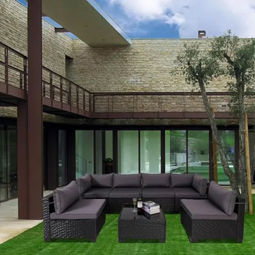 Segmart 7-Piece Outdoor Sectional Conversation Sets, Patio Furniture Sets with Thick Cushions and Tempered Glass Table, All-Weather PE Wicker Sofa for Porch Garden Backyard Balcony, Gray