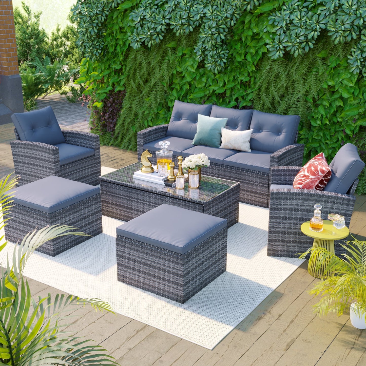 Outdoor Patio Furniture Sets for Backyard, Segmart New 6 Pieces Wicker Patio Furniture Set with Seat Cushions & Tempered Glass Coffee, Conversation Sets for Porch, Poolside, Backyard, Garden, Gray