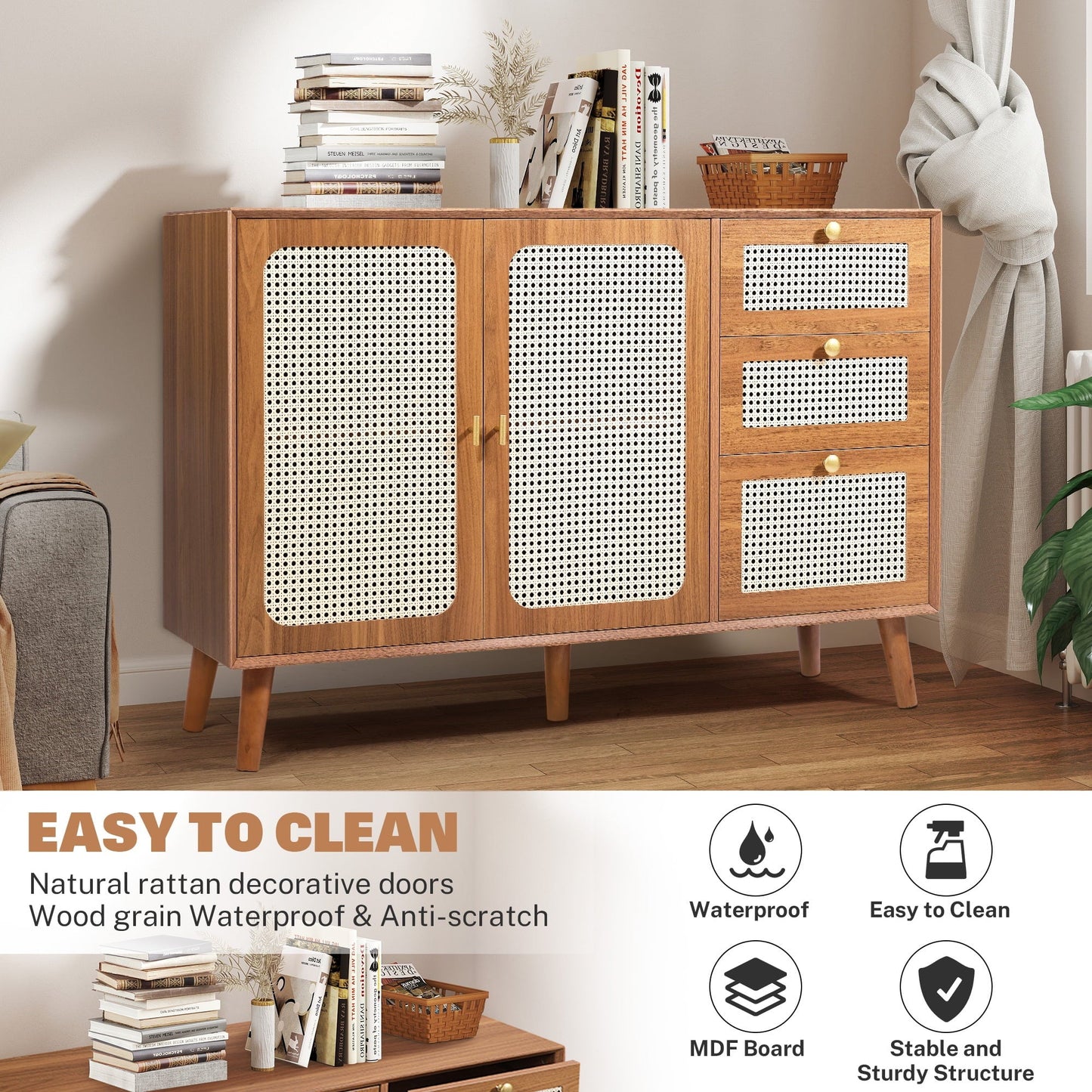 47" Rattan Buffet Sideboard with Storage, Segmart Storage Cabinet with 2 Doors and 3 Drawers, Farmhouse Coffee Bar Station Table, Modern Wood Cupboard for Kitchen, Livingroom and Dining Room