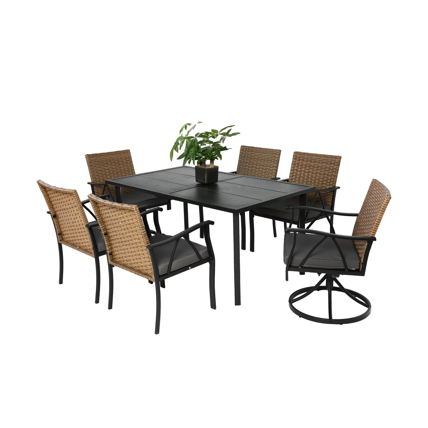 7 Piece Patio Dining Set, Outdoor Table and Chairs Set for 6, Outdoor Sectional Dining Table Set with 4 Armchairs, 2 Swivel Chairs and Table, PE Rattan Furniture Set for Patio Backyard Poolside