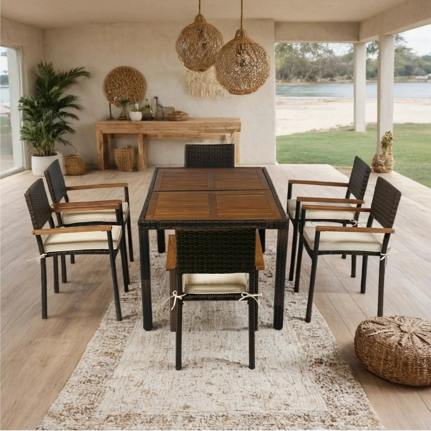 7 Piece Indoor Outdoor Wicker Dining Set Furniture, Patio Rattan Furniture Set with Wood Tabletop and Armrest Chairs, All-Weather Sectional Conversation Set with Cushions for Patio Backyard, Deck