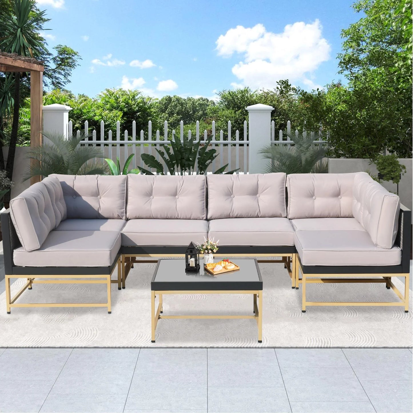 Patio Outdoor Furniture Sets, 7 Pieces All-Weather Rattan Sectional Sofa with Tea Table and Cushions, PE Rattan Wicker Sofa Couch Conversation Set for Garden Backyard Poolside
