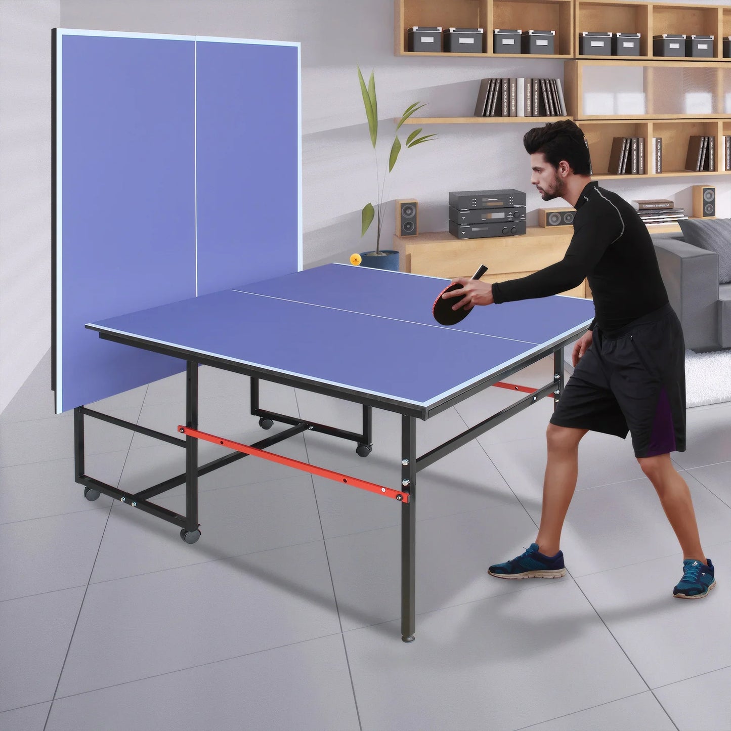 8ft Midsize Outdoor Ping Pong Table Set, SEGMART Foldable Tennis Table with Net, 2 Ping Pong Paddles, 3 Balls for Adults and Kids, Portable Table for Indoor Outdoor Game, Blue