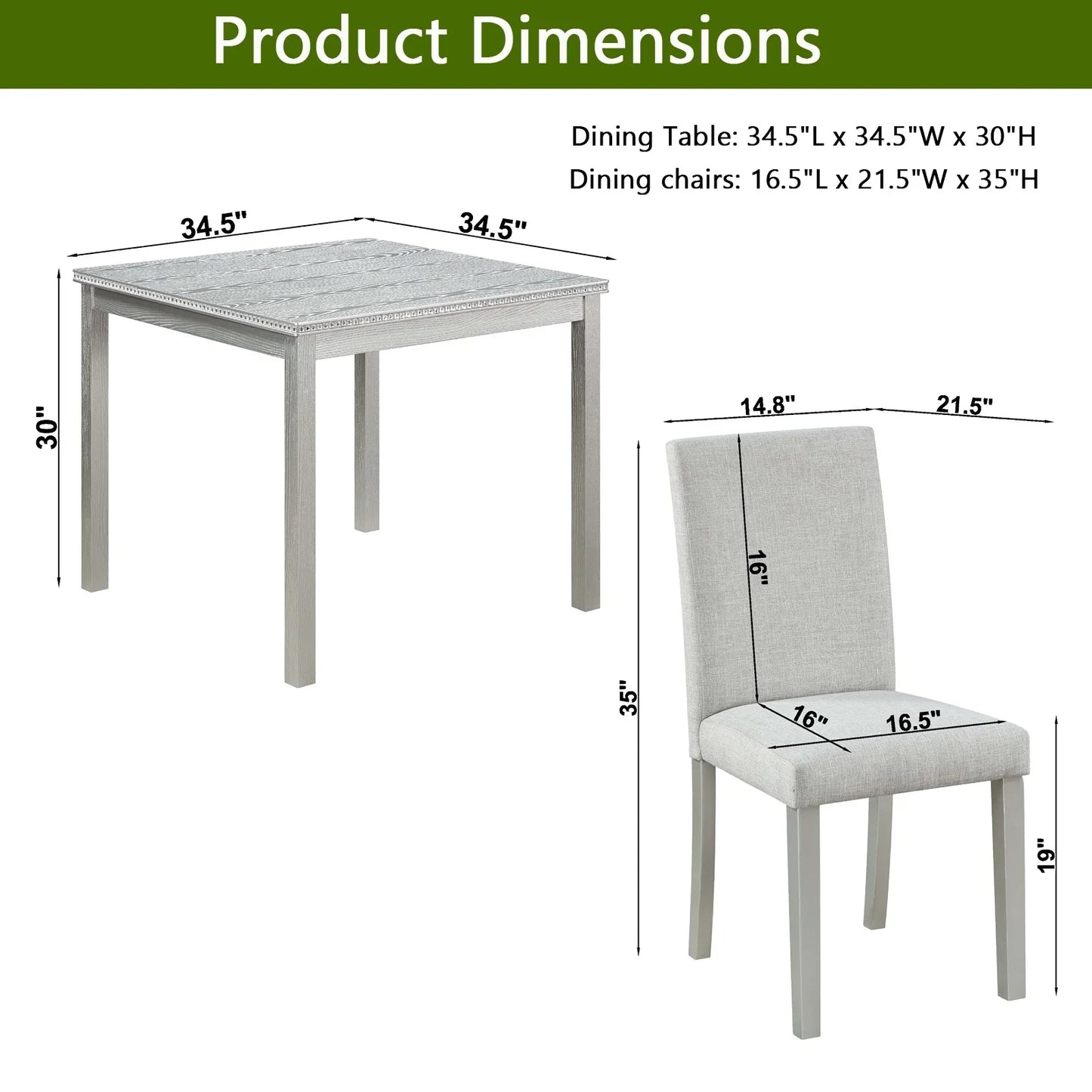 PORKISS Dining Table Set for 4, Dining Room Set with 1 Square Table 4 Upholstered Chairs, Gray