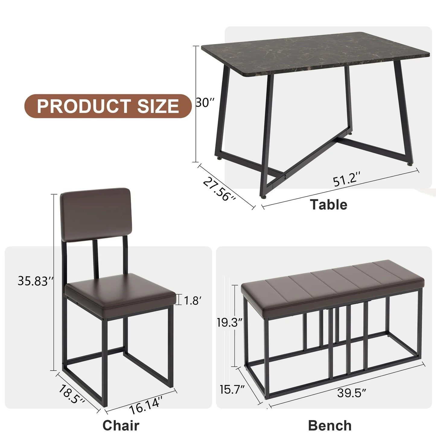 PAPROOS Dining Table Set for 6, 6 Piece Dining Room Table Set with Faux Marble Top, PU Leather Upholstery Chairs and Bench, Modern Dinette Sets for Big Family, Kitchen Table and Chairs Set, Brown