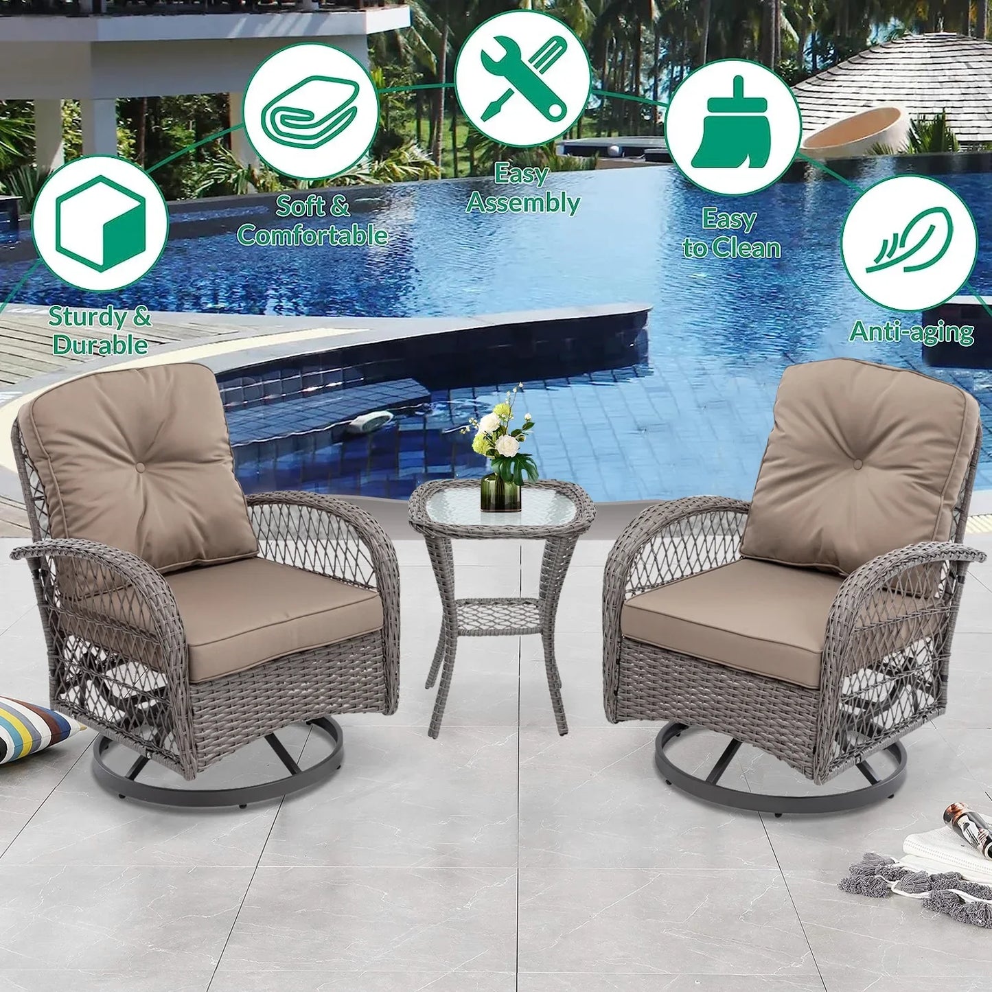 3-Piece Patio Bistro Furniture Set, 360° Patio Rattan Wicker Swivel Rocking Chair Set with Thickened Cushions and Glass Coffee Table, 275 LBS, Khaki
