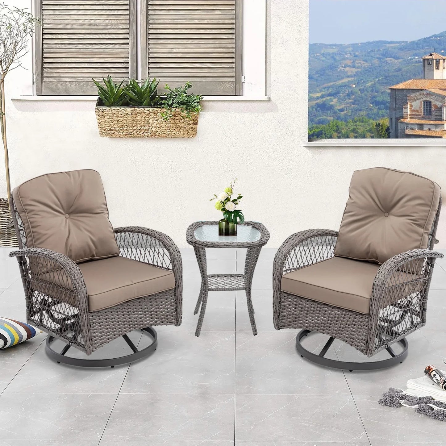 3-Piece Patio Bistro Furniture Set, 360° Patio Rattan Wicker Swivel Rocking Chair Set with Thickened Cushions and Glass Coffee Table, 275 LBS, Khaki
