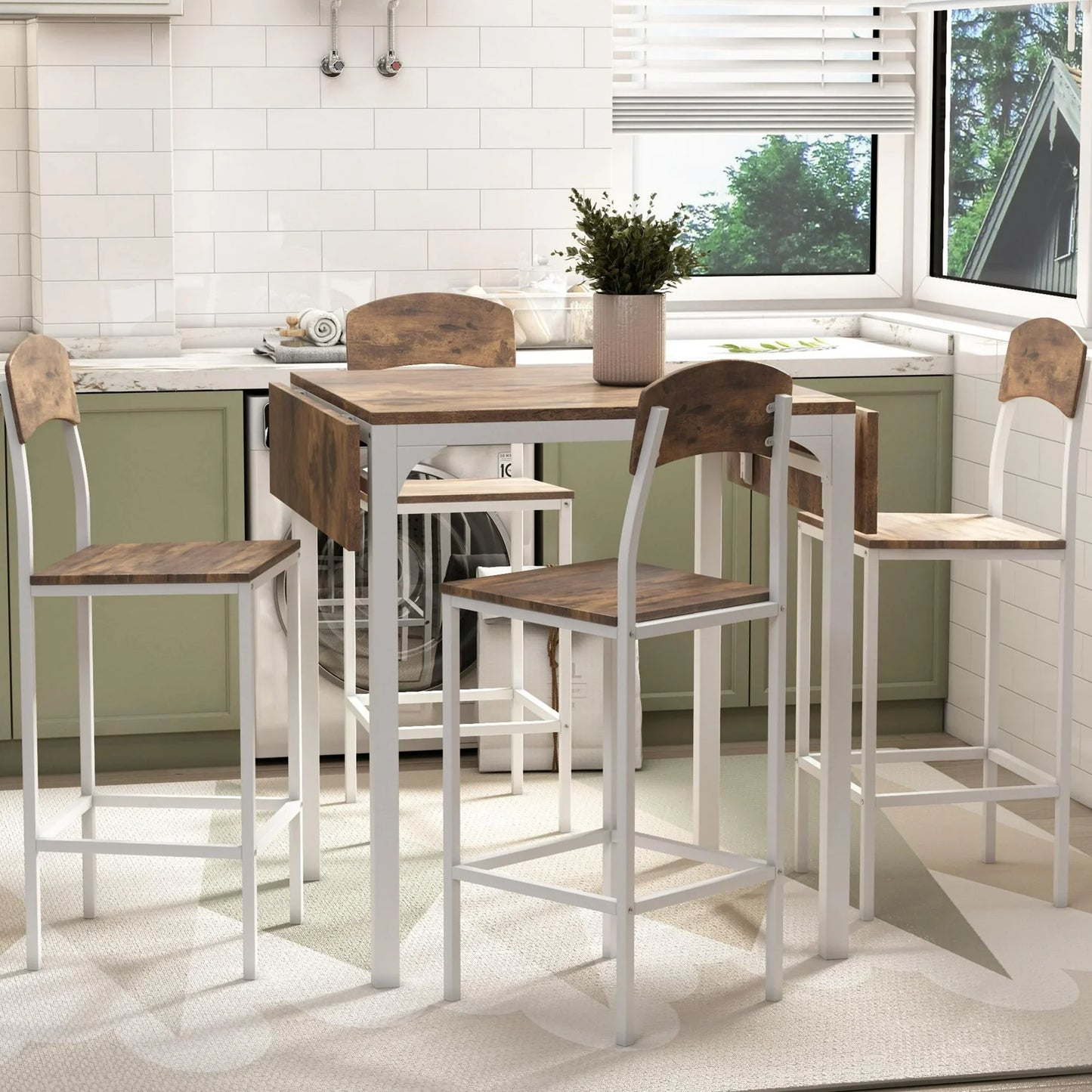 Sesslife 5 Piece Wooden Counter Height Dining Set, Drop Leaf Table with 4 Dining Chairs for Small Space, White+Brown