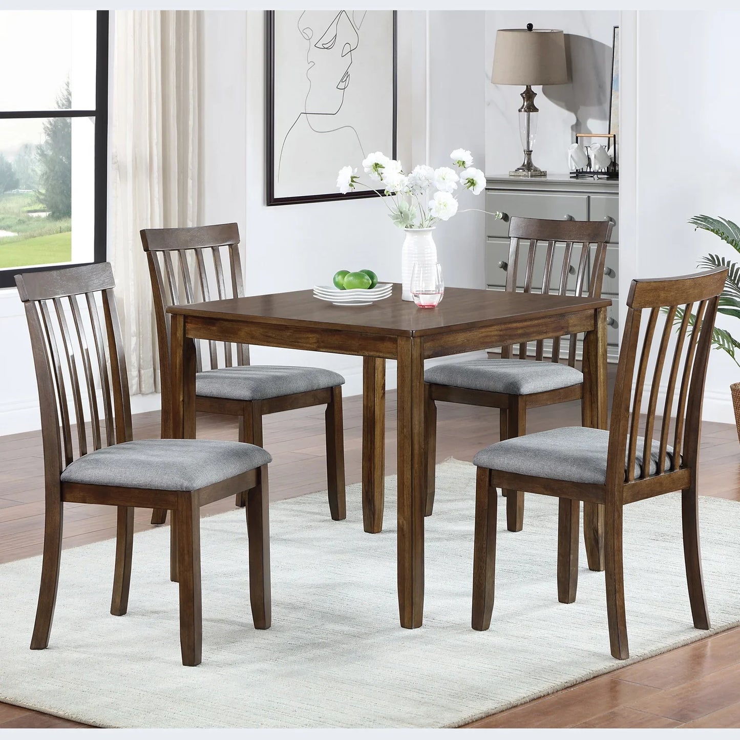 PORKISS Solid Wood Dining Table Set for 4, 5 Piece Dining Room Set with 1 Table 4 Upholstered Chairs, Walnut