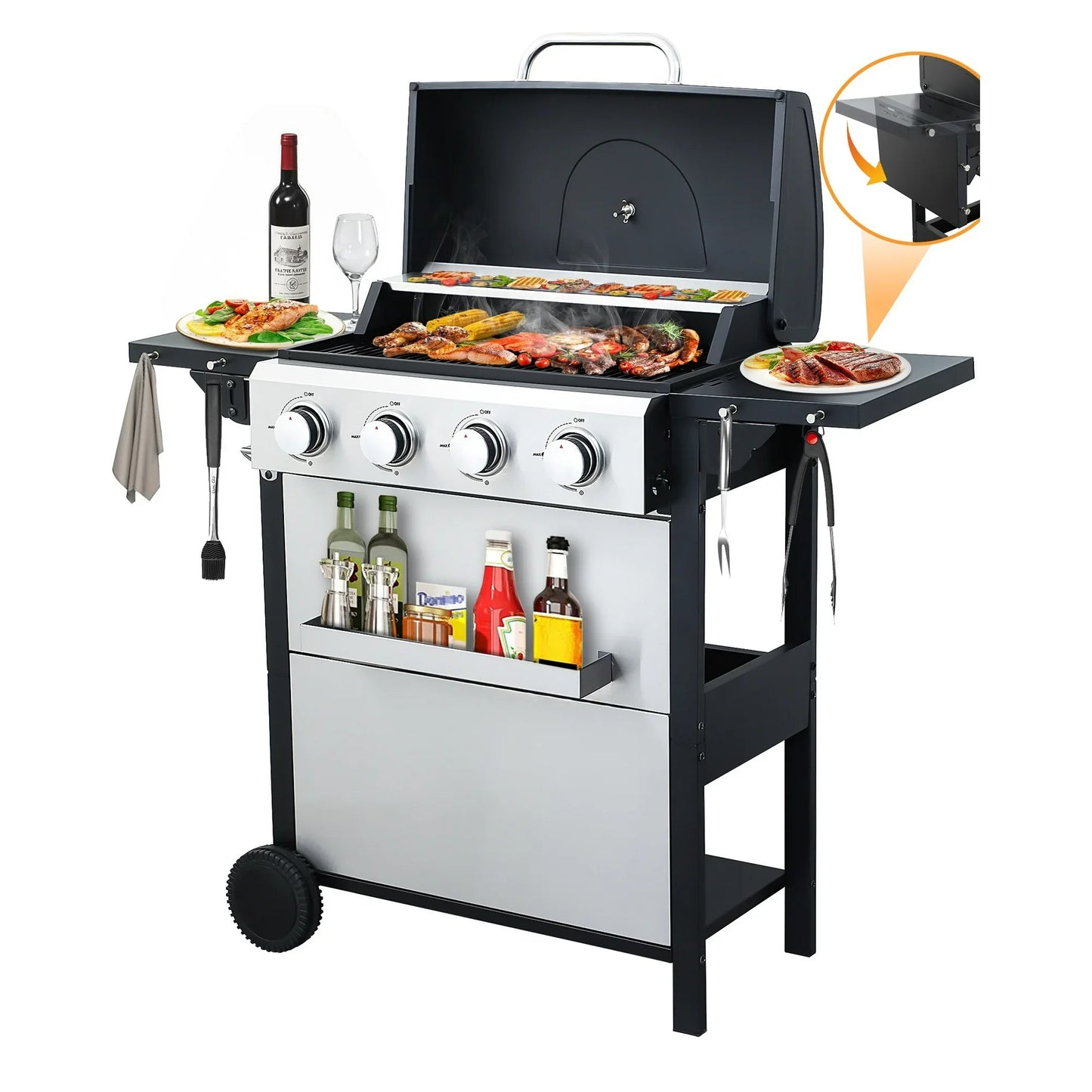 SEGMART 4 Burner BBQ Propane Gas Grill, Stainless Steel 34,200 BTU Patio Garden Barbecue Grill with Folding Side Tables, Hanging Basket & Thermometer, Perfect for Camping, Outdoor Cooking