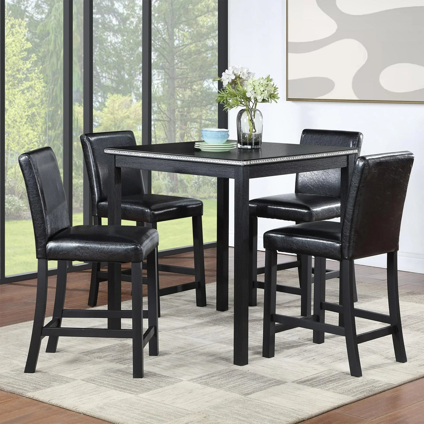 PAPROOS 5 Piece Counter Height Dining Table Set, Wooden Dining Room Table Set with Square Table and 4 Upholstered Chairs, Modern Kitchen Table with Crystal Decoration and Chair Set for 4, Black