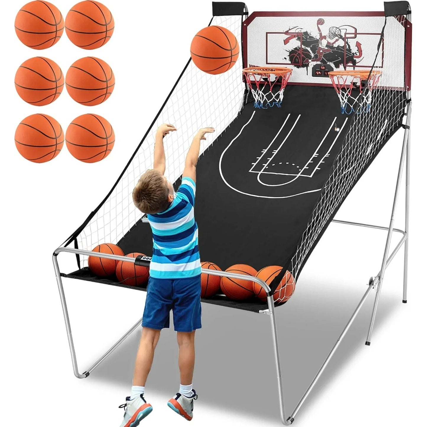 Dual Shot Basketball Arcade Game, Segmart Foldable Indoor Electronic Arcade Basketball Game with 6 Balls, 8 Modes, LED Scoreboard, Air Pump, Battery Powered for Kids Adults, Black