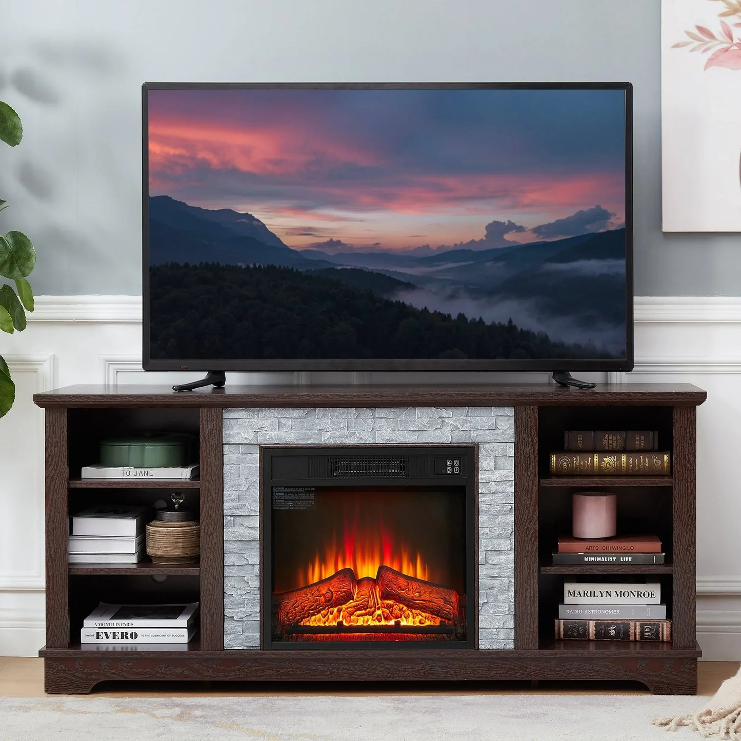 Sesslife Electric Fireplace TV Stand for 65" TVs, Farmhouse TV Console Table with Faux Stacked Stone Surrounded for Living Room, Wood Media Entertainment Center with Remote Control Fireplace, Cherry