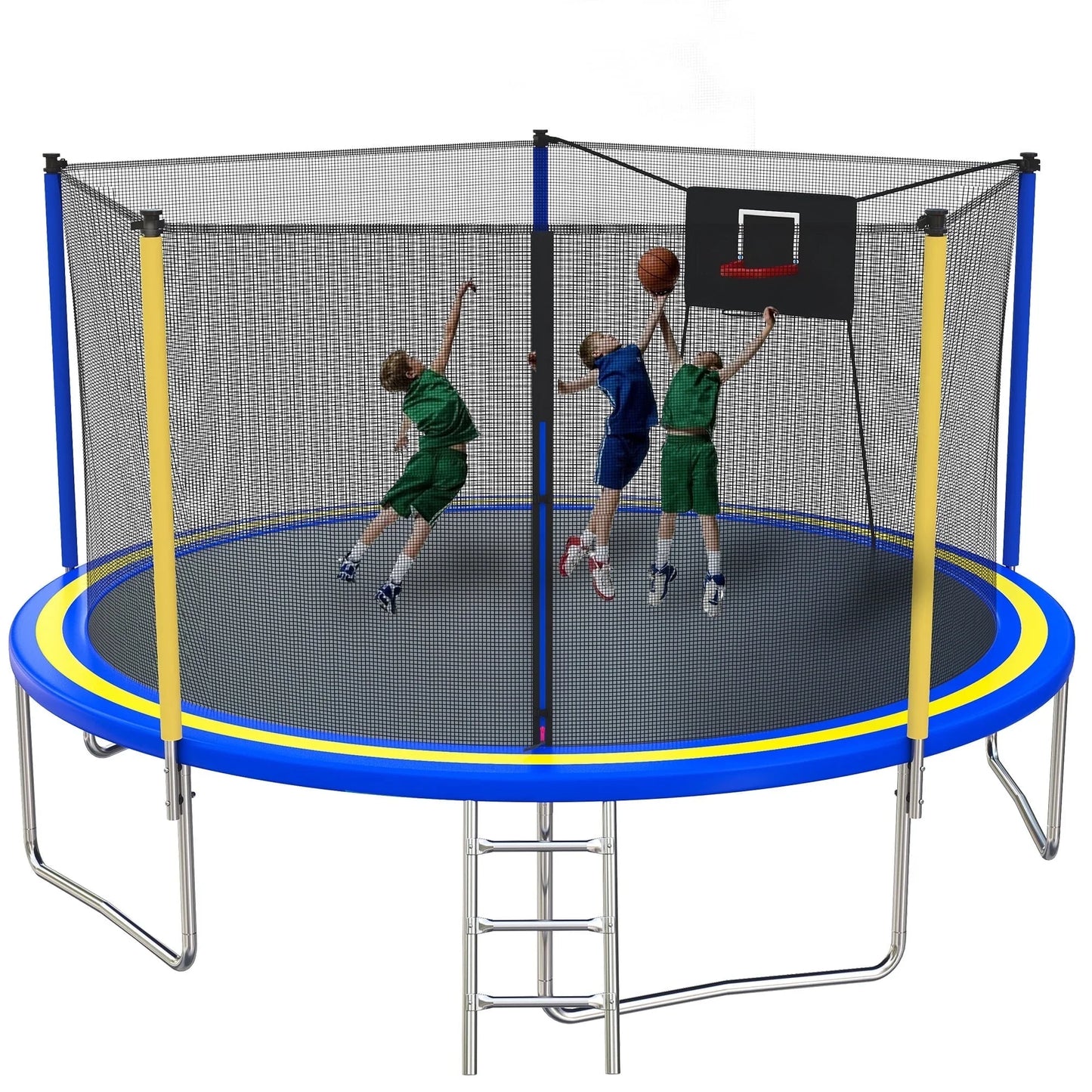 Trampoline with Enclosure, SEGMART Upgraded 14FT Kids Outdoor Trampoline with Basketball Hoop and Ladder, Heavy Duty Round Trampoline for Indoor Outdoor Backyard