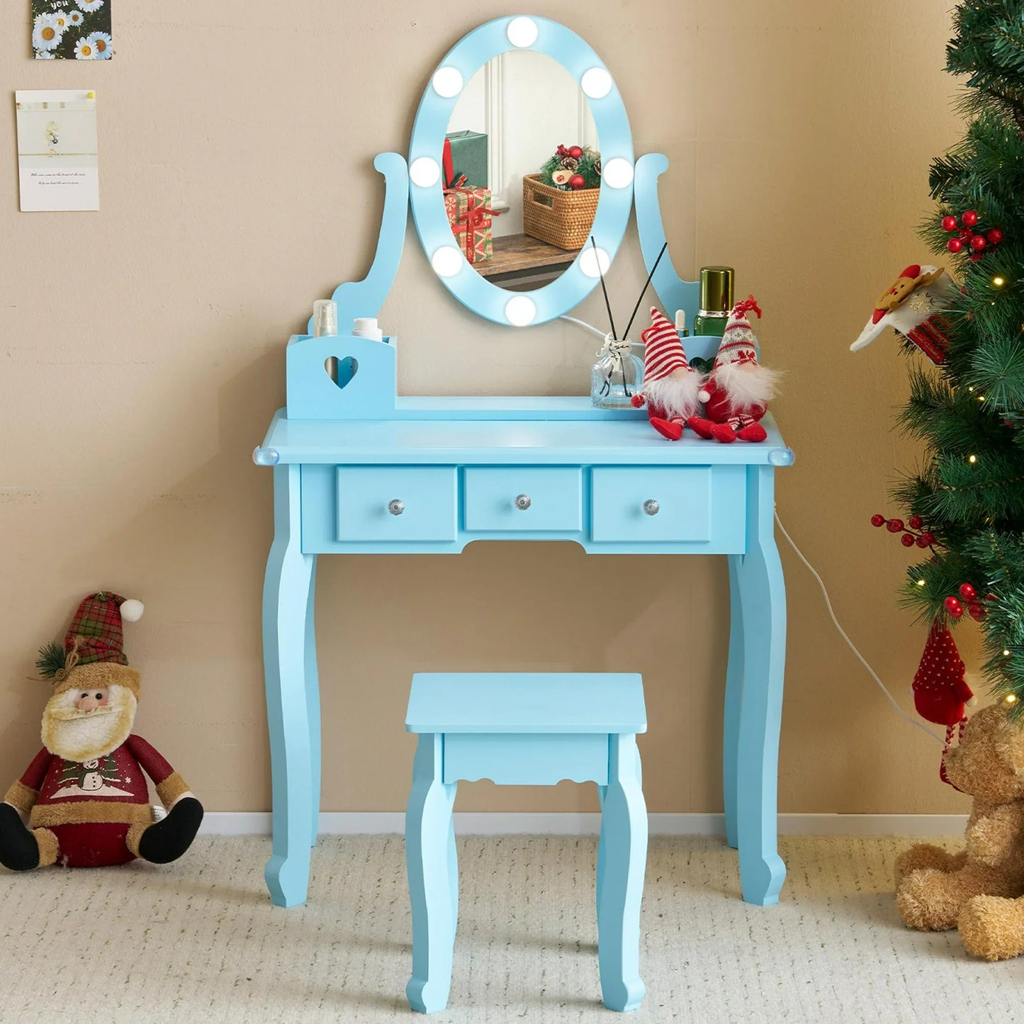 Sesslife Kids Vanity Set with Mirror Lights and Drawers, Wooden Princess Makeup Desk Set, Toddler Dressing Table Set, Pretend Play Kids Vanity Table and Chair Set for Little Girls aged 3+, Blue