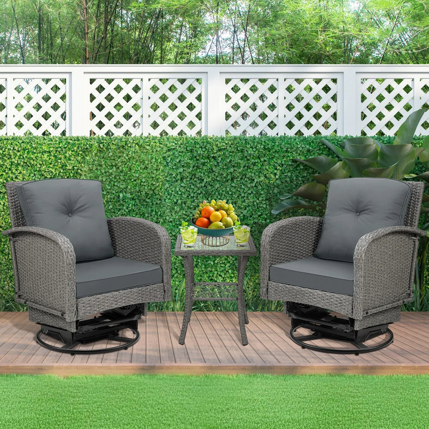 Patio Swivel Rocking Chairs Set, Segmart 3-Piece Outdoor 360° Rocking Patio Conversation Set with Thickened Cushions and Glass Coffee Table for Backyard, Max Weight 360 LBS, Gray