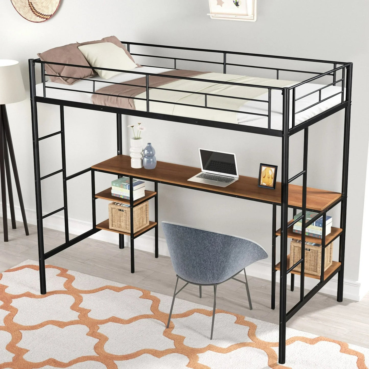 Sesslife Twin Size Loft Bed with Desk, Low Profile Loft Bed Frame with Storage Shelves, Metal Loft Bed with 2 Ladders and Safety Guardrails for Kids Teens, Noise Free, No Box Spring Needed, Black