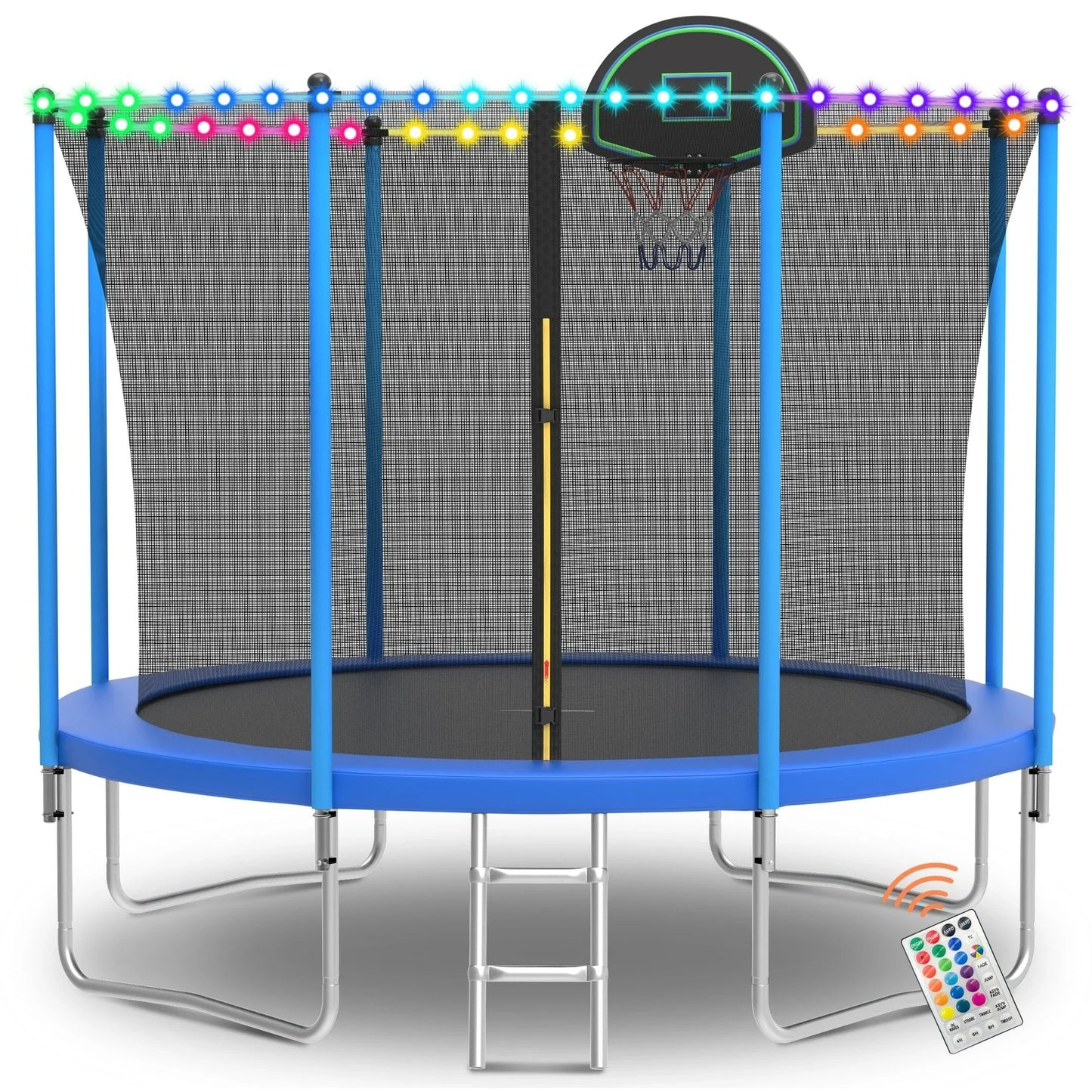 SEGMART 10ft Trampoline for Kids with Basketball Hoop, LED Lights and Enclosure Net/Ladder,Blue