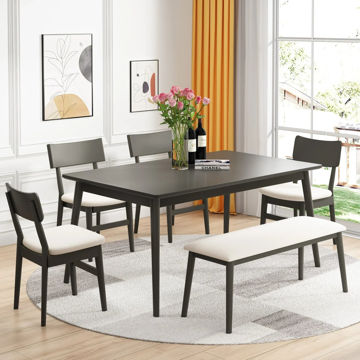 SEGMART 6 Piece Dining Table Set, Modern Home Dining Set with Table, Bench & 4 Cushioned Chairs, Wood Rectangular Table and Chair Set, Kitchen Table Set for Dining Room, Gray