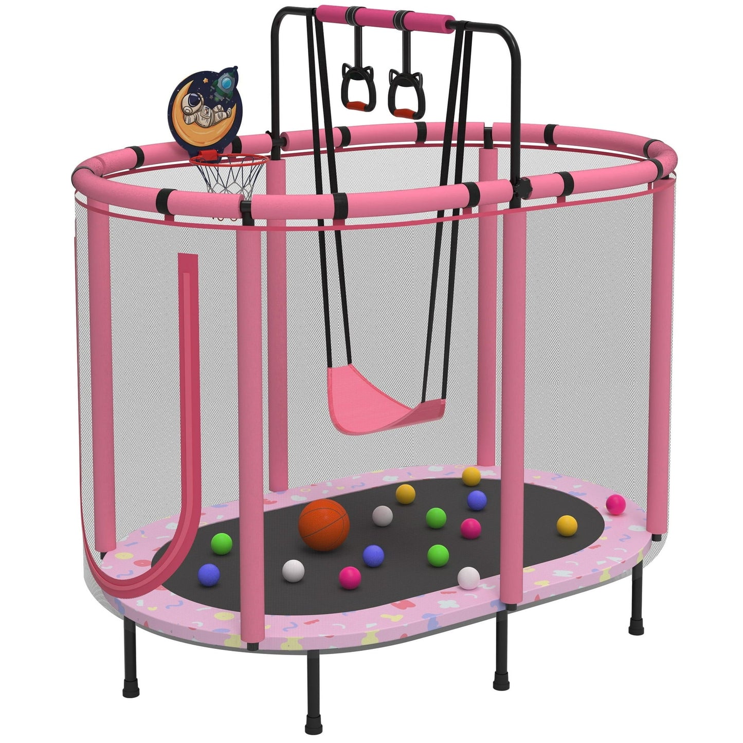 60" Toddler Trampoline with Safety Enclosure Net, SEGMART Upgraded Kids Trampoline with Basketball Hoop, Swing, Rings, Balls, Indoor Outdoor Mini Trampoline Birthday Gift for Kids Ages 3-9