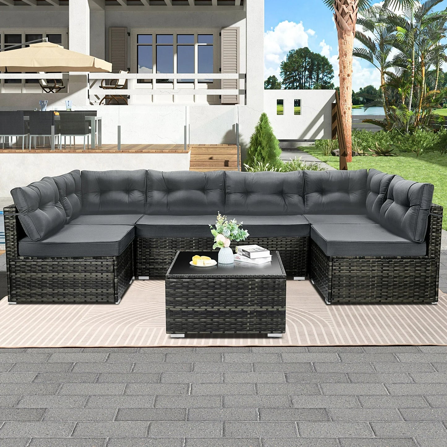 7 Piece Rattan Sectional Sofa Set, Outdoor Conversation Set, All-Weather Wicker Sectional Seating Group with Cushions & Coffee Table, Morden Furniture Couch Set for Patio Deck Garden Pool