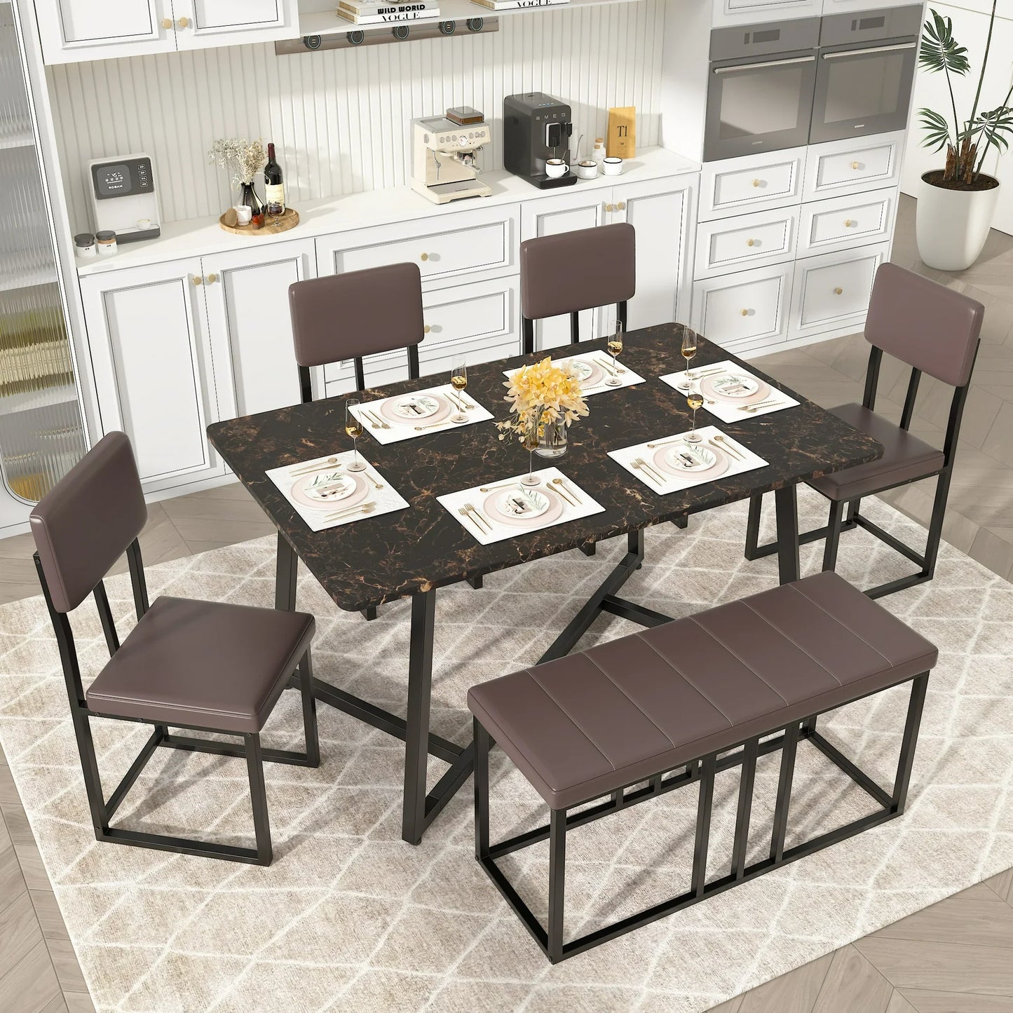 PAPROOS Dining Table Set for 6, 6 Piece Dining Room Table Set with Faux Marble Top, PU Leather Upholstery Chairs and Bench, Modern Dinette Sets for Big Family, Kitchen Table and Chairs Set, Brown
