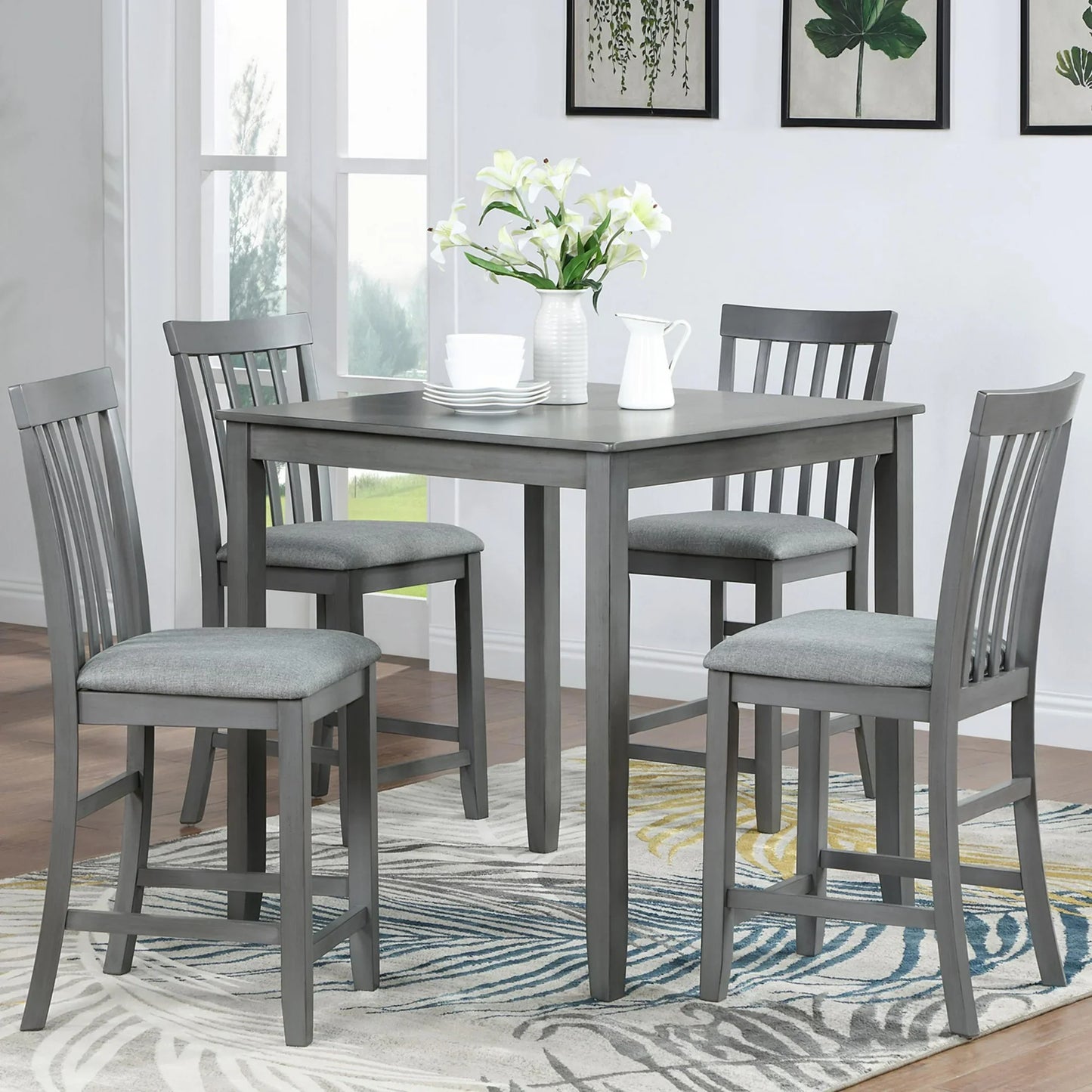 Sesslife 5 Piece Wooden Counter Height Dining Set, Square Table with 4 Upholstered Chairs for Small Space, Gray
