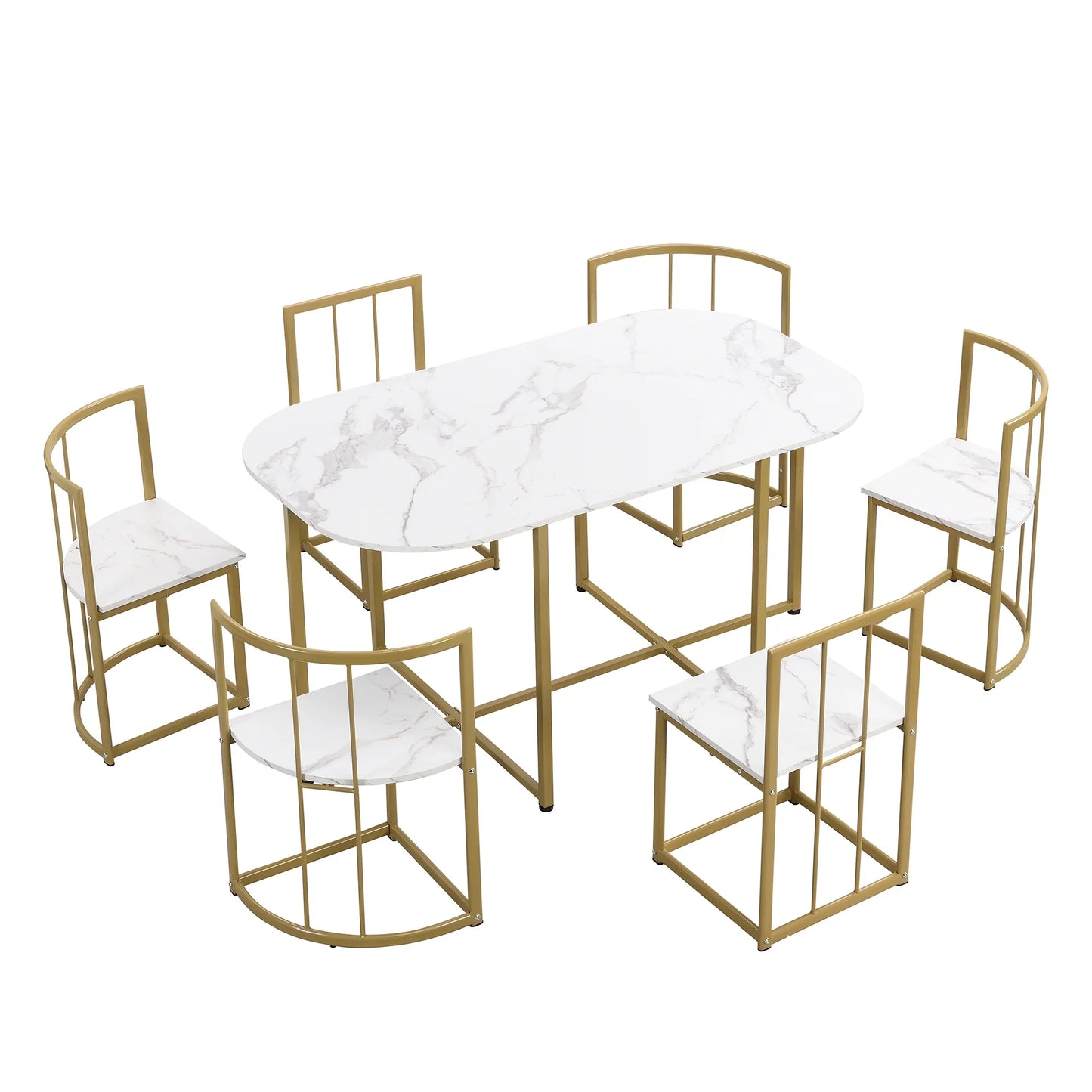 Paproos Dining Table Set for 6, 7 Piece Faux Marble Dining Room Table and Chairs Set, Compact Kitchen Table Set, Faux Marble Tabletop & Metal Frame, Modern Dinette Set for Breakfast Nook, White&Gold
