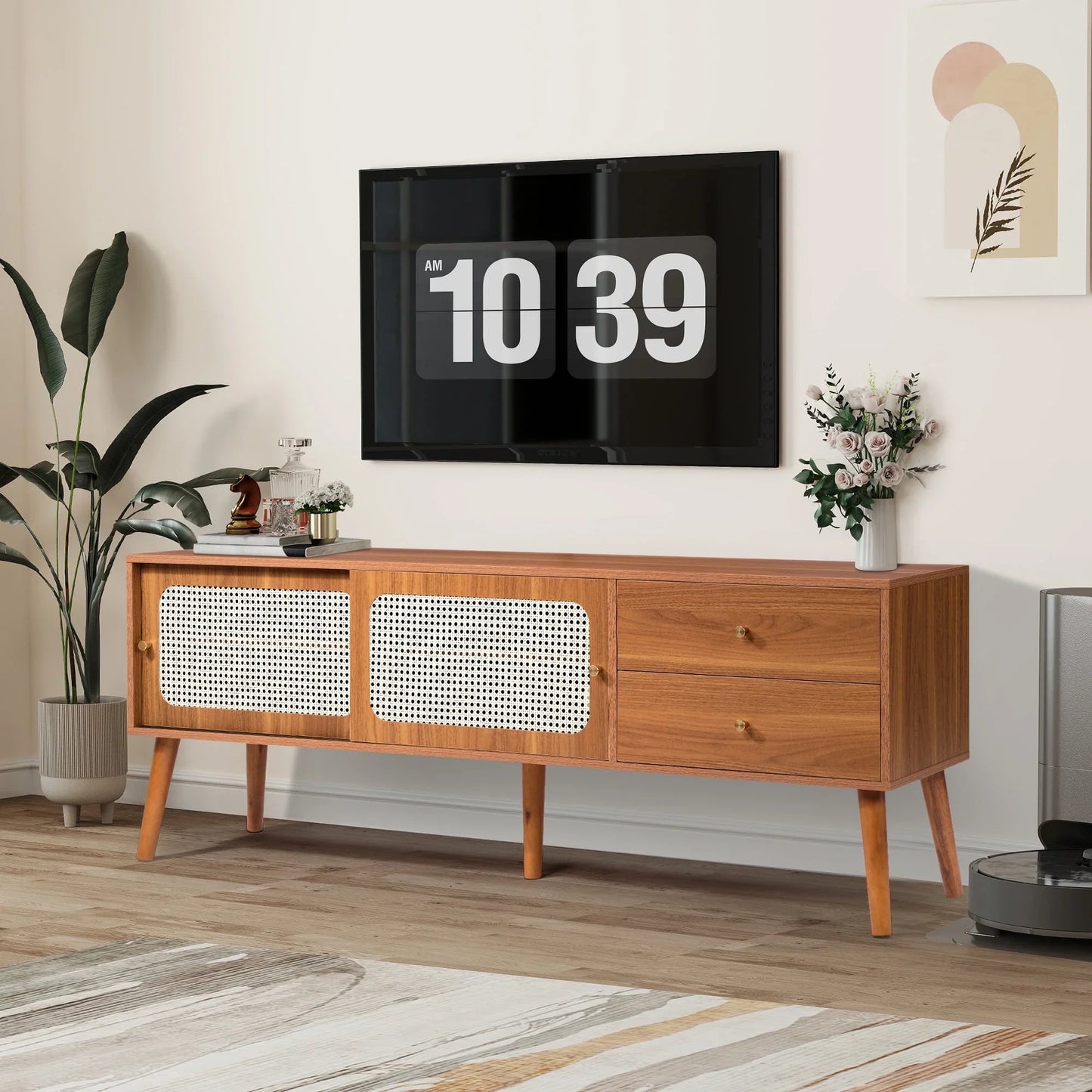 TV Stand for 70 inch, Wood Entertainment Center with Storage and Shelves, Boho TV Stand Cabinet with Rattan Doors, Media Console Cabinet Living Room Furniture for Bedroom (63 Inch)