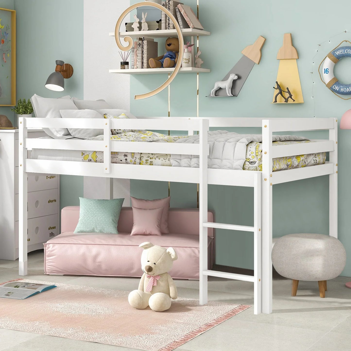 SESSLIFE Solid Wood Twin-Size Low Loft Bed with Ladder, White