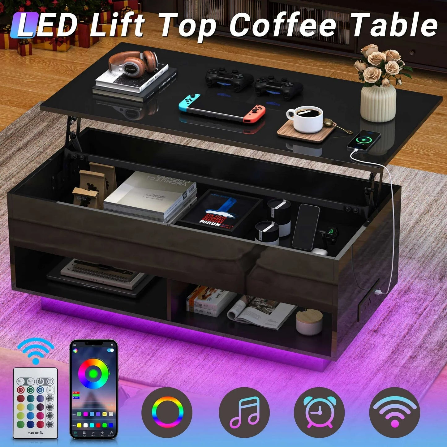 Sesslife Black LED Coffee Table for Living Room, Modern Lift Top Coffee Table with Hidden Storage and Rising Top, Wood Rectangular High Gloss Sofa Side Tea Tables with Charging Station