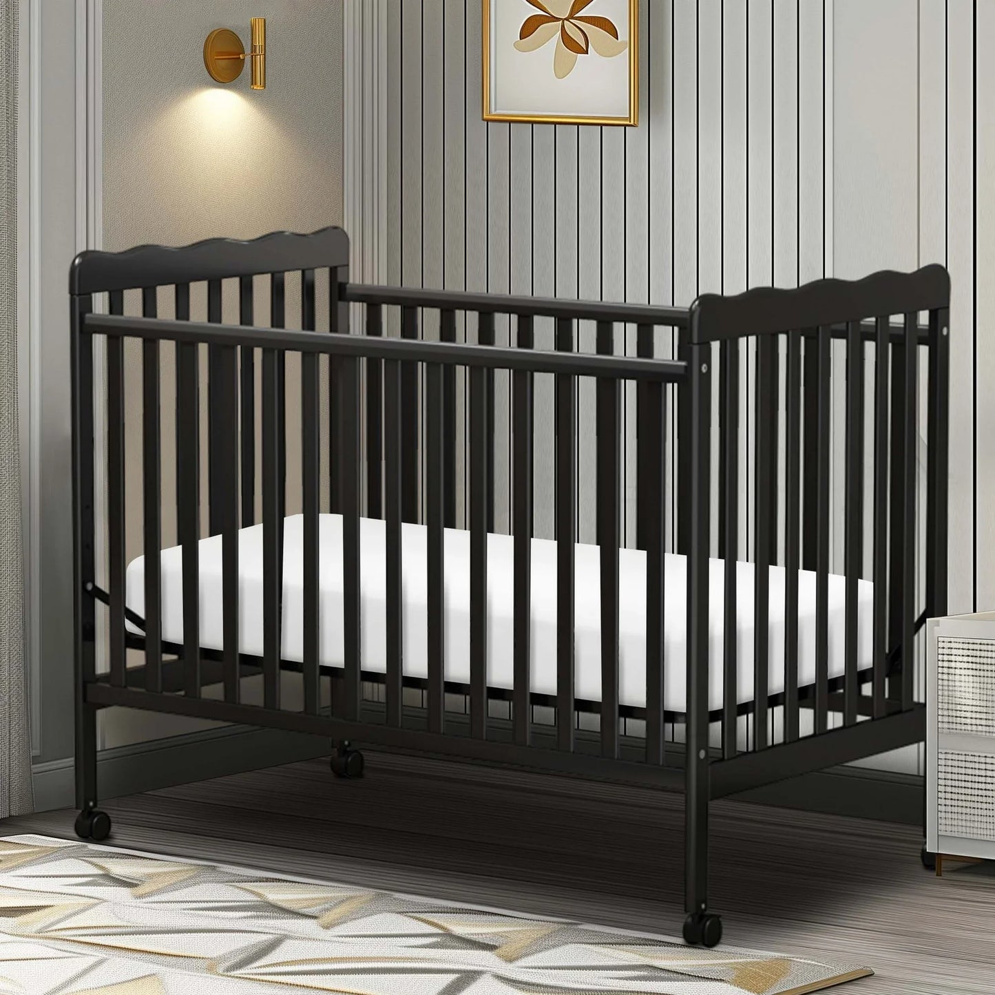 Sesslife 3-In-1 Convertible Crib, Black Baby Bed with Locking Wheels, Converts from Baby Crib to Toddler Bed, Fits Standard Full-Size Crib Mattress(Not Included)