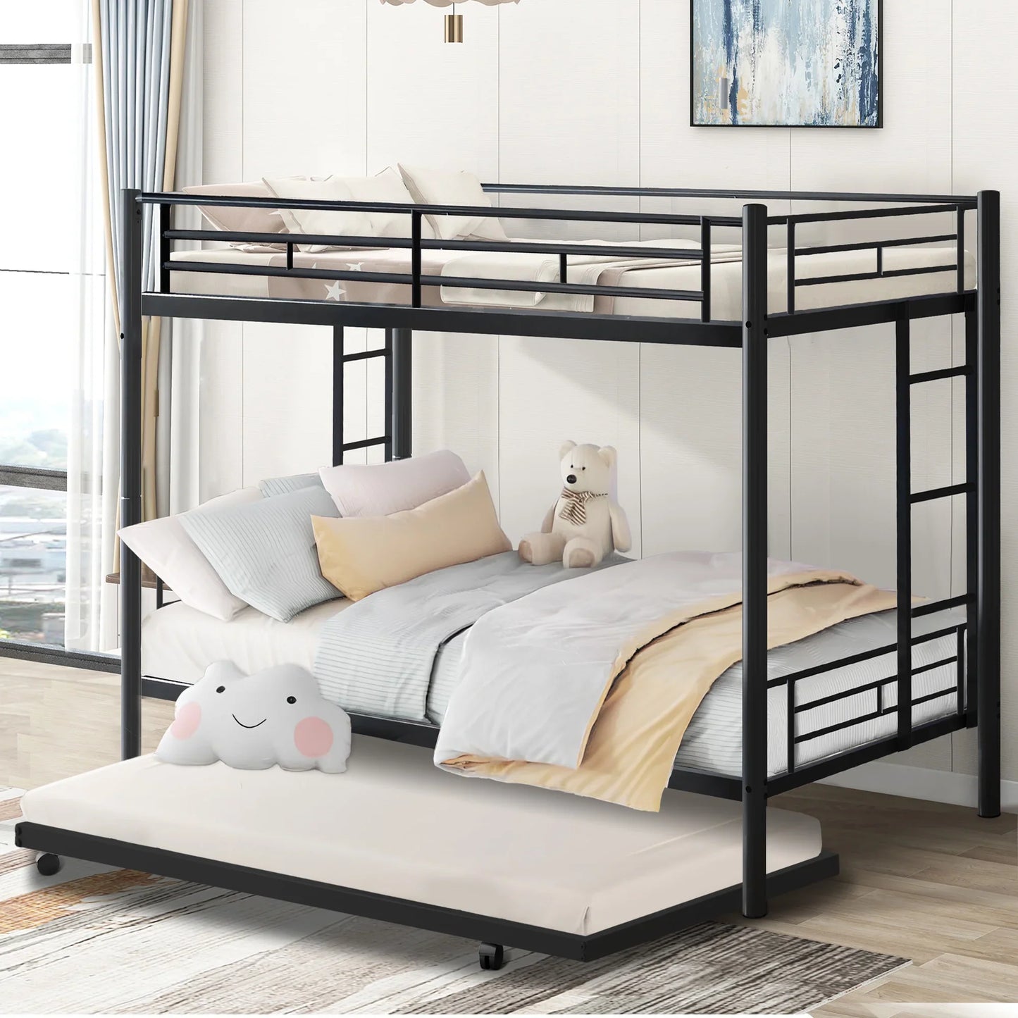 Twin Over Twin Bunk Bed with Trundle, Metal Twin Bed with Safety Guard Rail and Ladders, Space-Saving Design Sleeping Bedroom Bunk Bed for Boys, Girls, Kids, Young Teens and Adults, Easy Assembly, K92