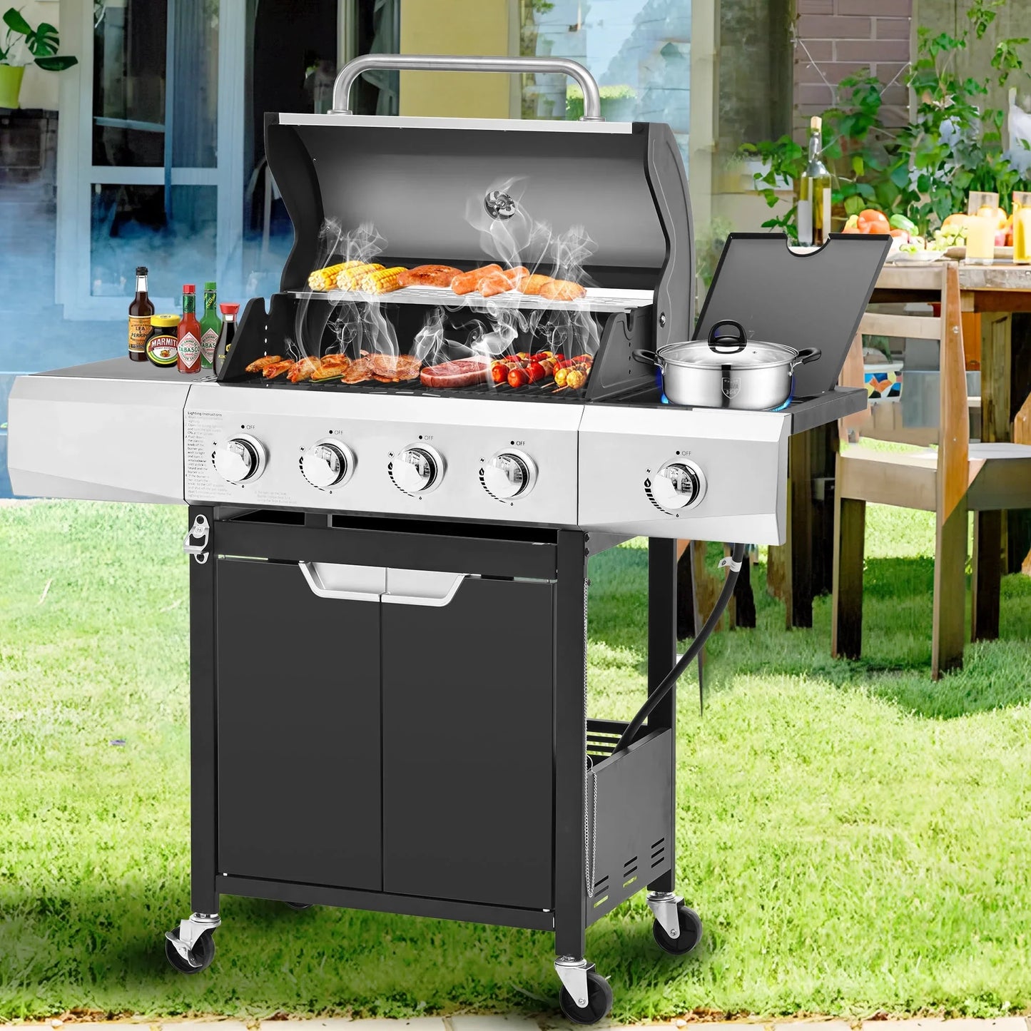 SEGMART 4 Burner Propane Gas Grill with Side Burner, 51,000 BTU Outdoor Cooking BBQ Grill with Porcelain-Enameled Cast Iron Grates, Equipped with Waterproof Cover, Tool Hooks, and Bottle Opener