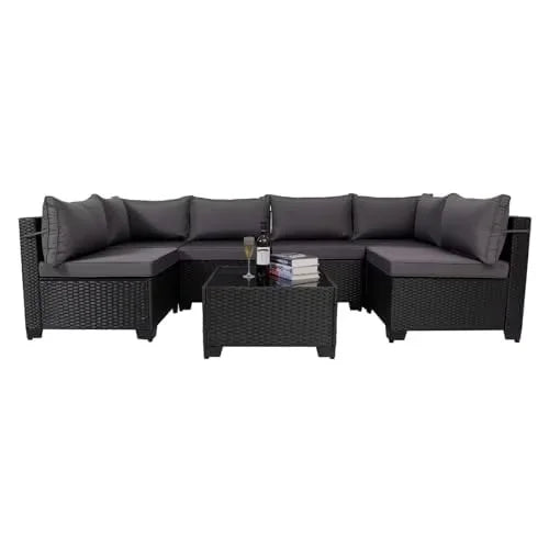 Segmart 7-Piece Outdoor Sectional Conversation Sets, Patio Furniture Sets with Thick Cushions and Tempered Glass Table, All-Weather PE Wicker Sofa for Porch Garden Backyard Balcony, Gray