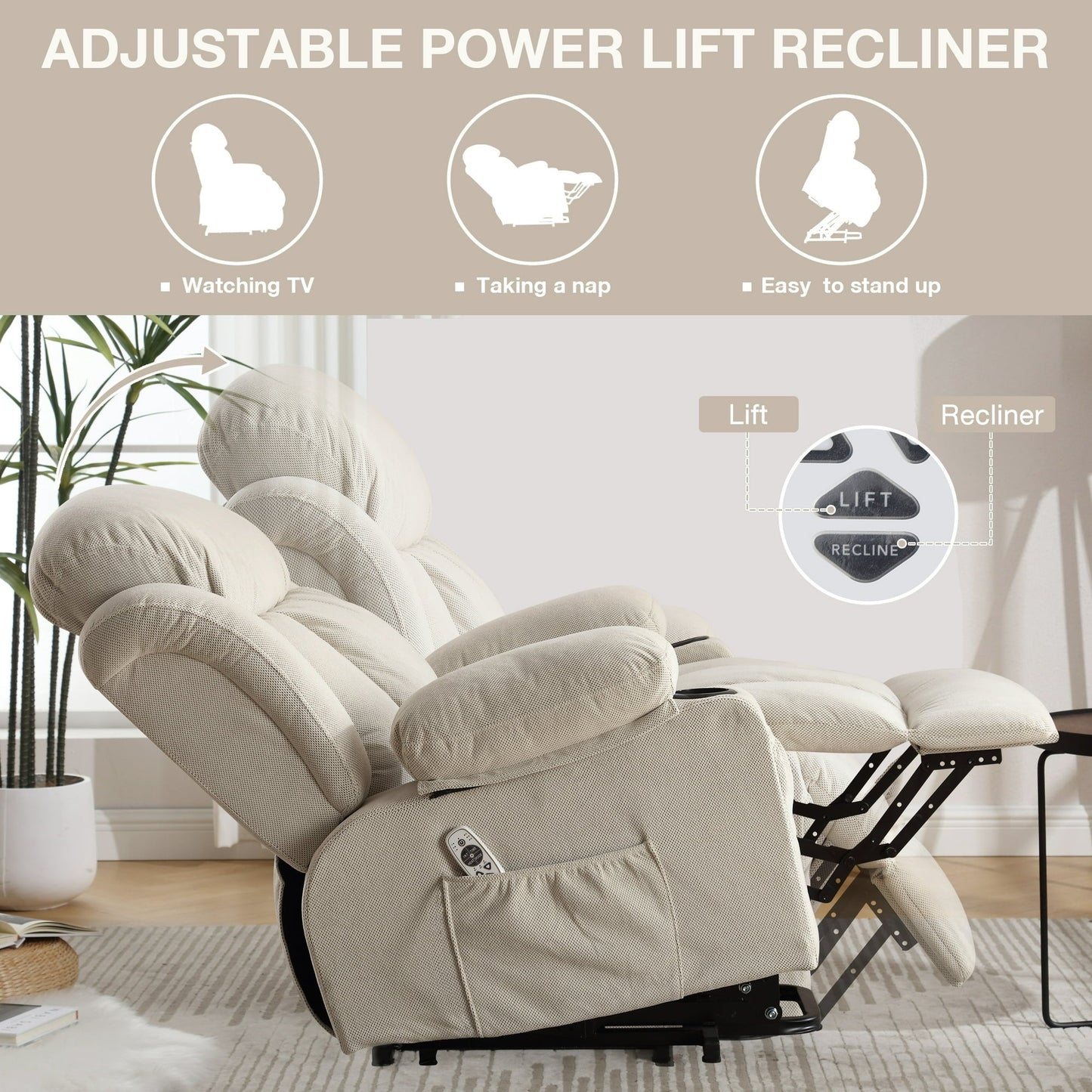 Segmart Electric Power Lift Recliner Chair, Heavy Duty Classic Fabric Sofa Chair for Elderly, Ergonomic Lounge Single Sofa with Plush Extended Arms and Remote Control, 3 Positions, Beige